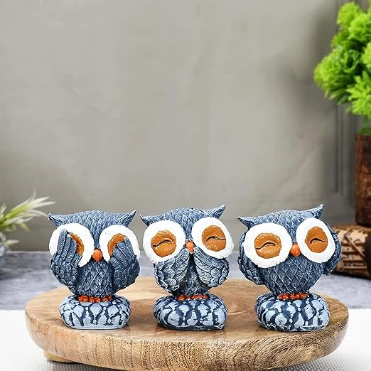 Set of 3 Antique Finish Owl Showpieces for Home Decor - Multicolor Polyresin Dec