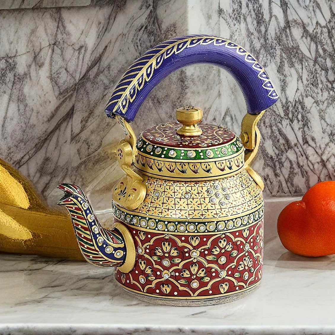 Handpainted Rajasthani Traditional Aluminium Decorative Tea Kettle - Colorful, U