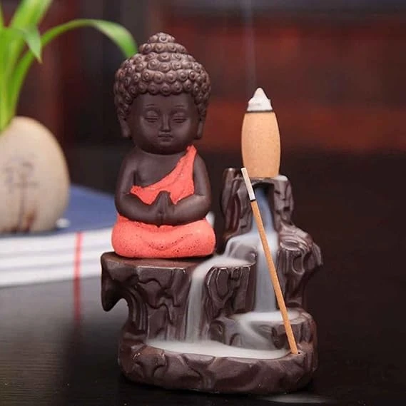 Handcrafted Baby Monk Buddha Incense Holder with Backflow Smoke Effect & 10 Ince