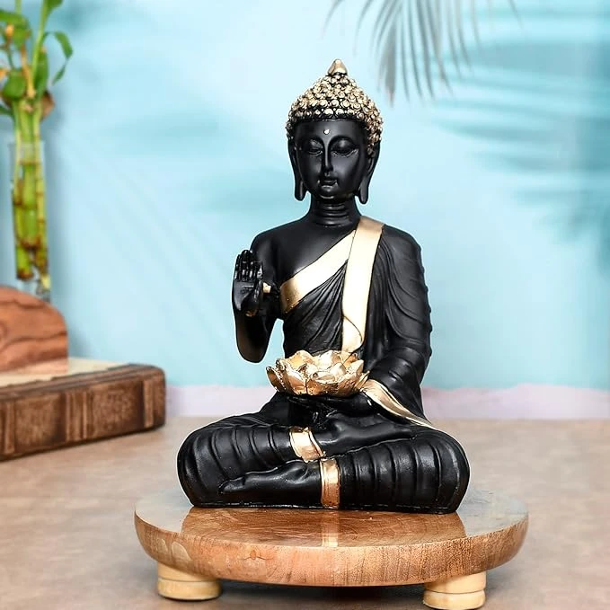 Blessing Black Buddha Diya Statue - 25 cm Polyresin Multicolor Decorative Idol f