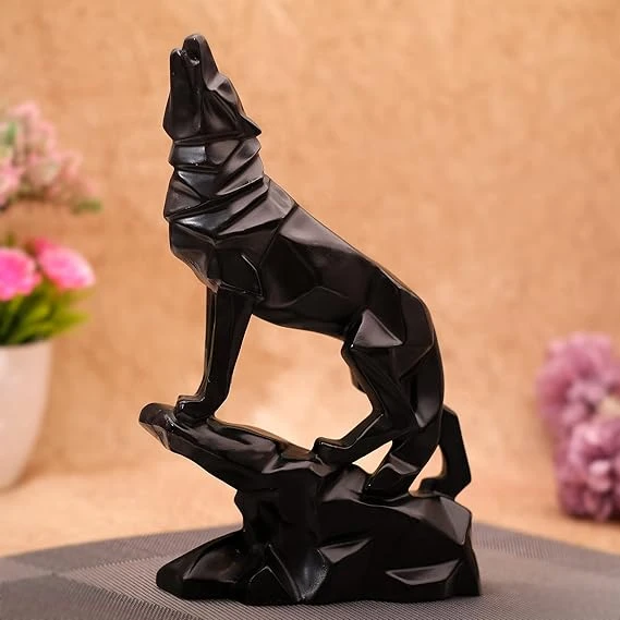 Handcrafted Black Wolf Sculpture - Diamond Cut Design Home Décor Figurine for Li