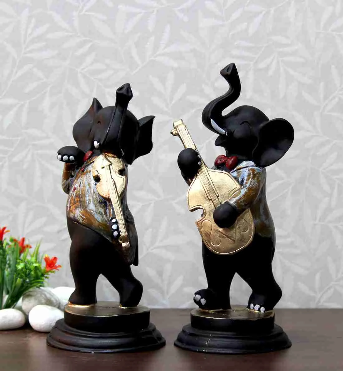 Handcrafted Set of 2 Dancing Ganesha with Musical Instruments - 28 cm Decorative