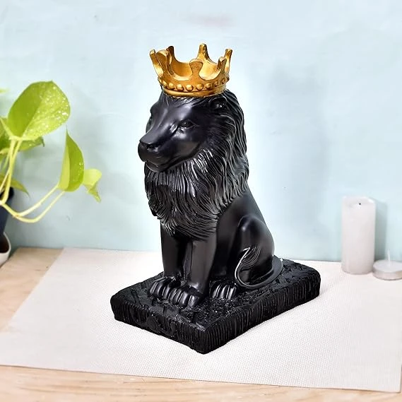 Majestic Royal Black Lion Statue with Crown – Premium Home Decor Figurine for Lu