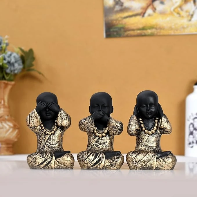 Handcrafted Set of 3 Baby Monk Figurines - 12 cm, Polyresin, Gold & Black Decora