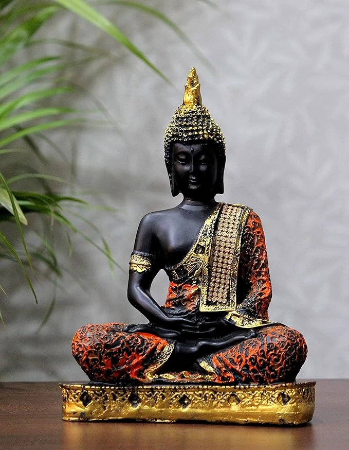 Orange & Gold Sitting Buddha Statue - Elegant Home Décor Showpiece for Living Ro