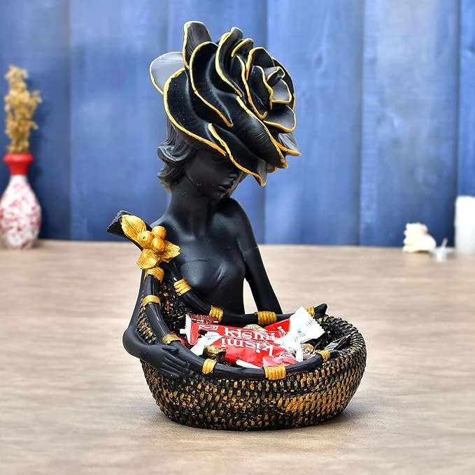 Elegant Black Lady Statue with Basket - Decorative Home Decor Figurine, Stylish 