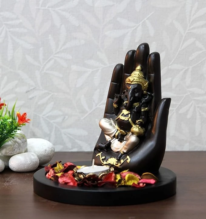 Handcrafted Palm Ganesha On Wooden Base with Candle Decorative Showpiece - 17 cm