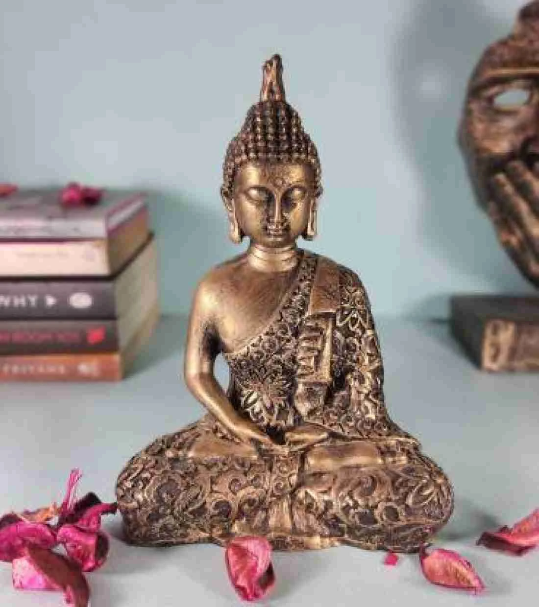 Handcrafted Samadhi Buddha Decorative Showpiece - 16 cm (Polyresin, Gold)