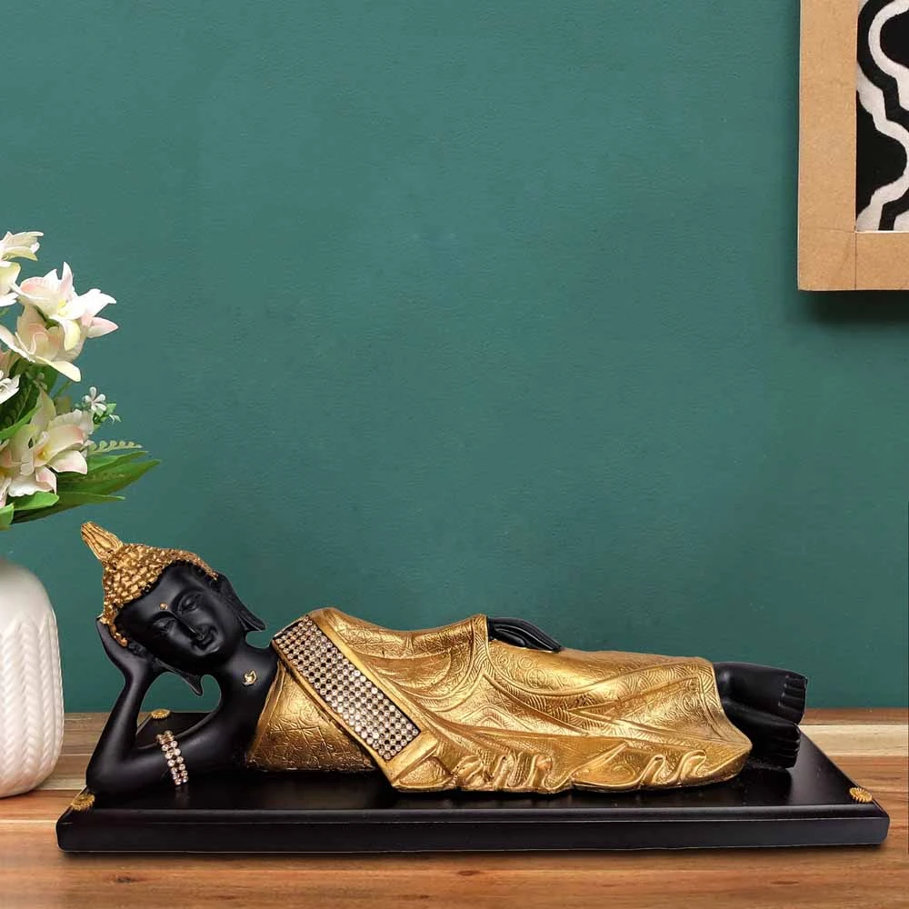 Antique Black Golden Sleeping Buddha on Wooden Base Showpiece(6 * 14 * 4 Inches)