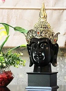 Antique Black Golden Buddha Face with Crown and Wooden Base Showpiece(15 * 5 * 5