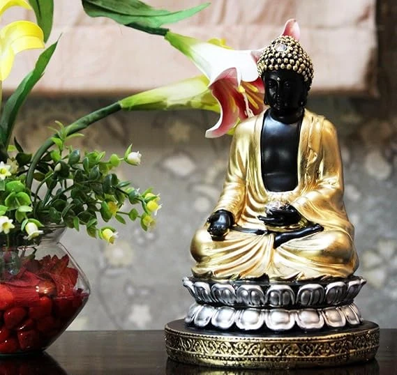 Black Golden Beautiful Lord Buddha On Lotus Showpiece(9 * 5 * 5 Inches)