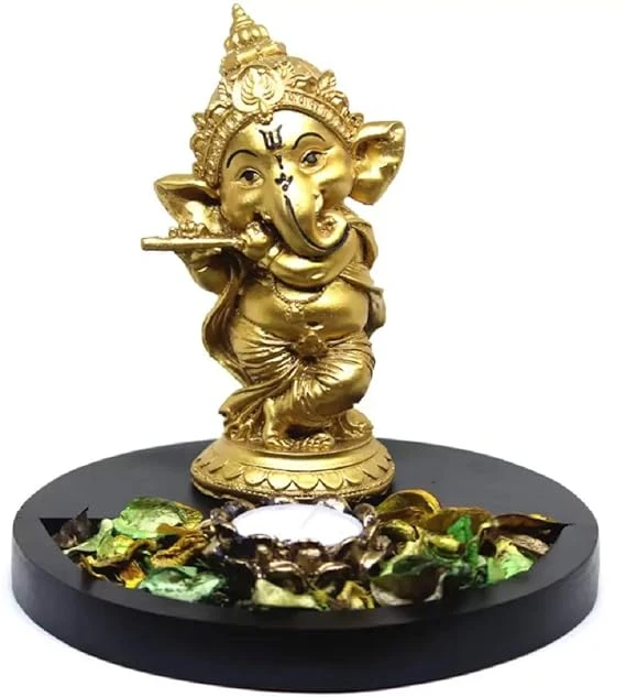 Handcrafted Lord Ganesha Statue with Tealight Holder - Wooden Base Decorative Sh