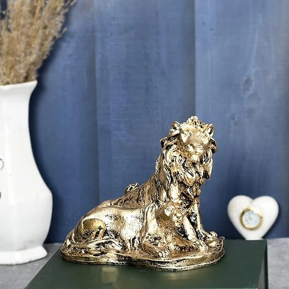 Antique Finish Lion Pair Decorative Showpiece for Home & Living Room - 17 cm, Mu