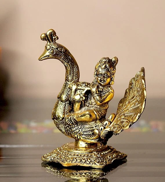 Handcrafted Laddu Gopal Playing Basuri on Peacock Decorative Showpiece - 15 cm, 