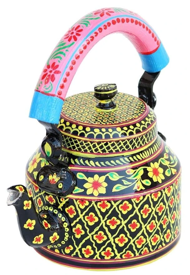 Handpainted Traditional Aluminum Colorful Decorative Tea Kettle - 8.5 x 8.25 x 5