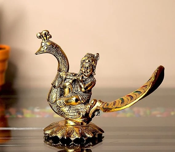 Handcrafted Laddu Gopal with Basuri on Peacock Base – 15 cm Metal Gold Decorativ