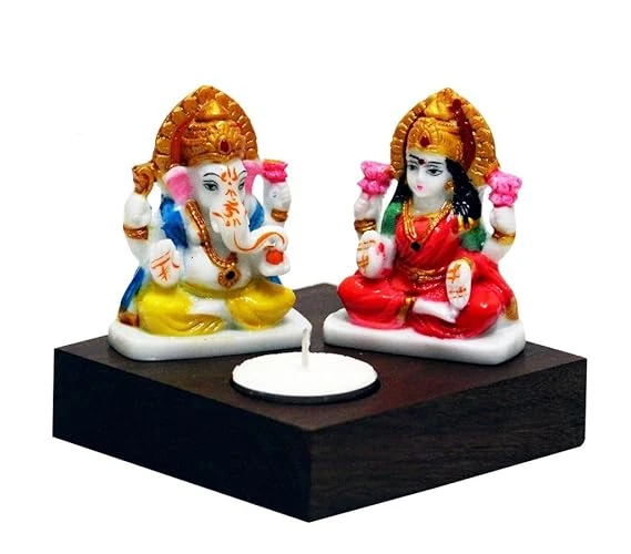 Wooden Tea Light Holder with Lakshmi Ji & Ganesha - 4x4 Inches - Spiritual Home 