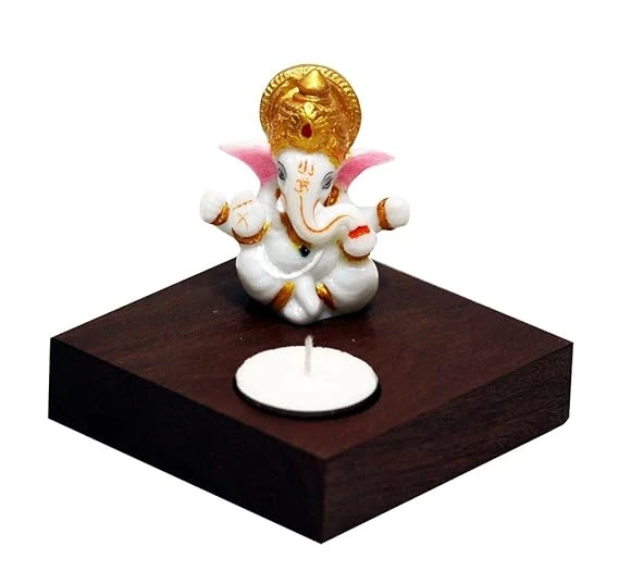 Handcrafted Ganesha Wooden Tea Light Holder – 4x4 Inches | Perfect for Home Déco